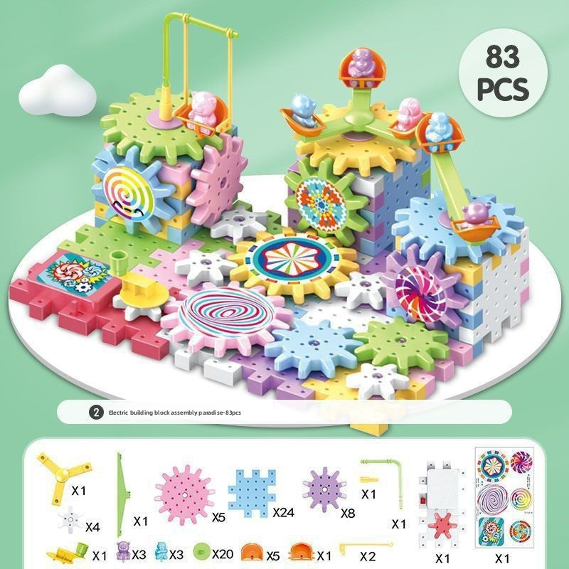 Variety electric building block gear large particle soft rubber macaron gift box children decompression assembly puzzle toy