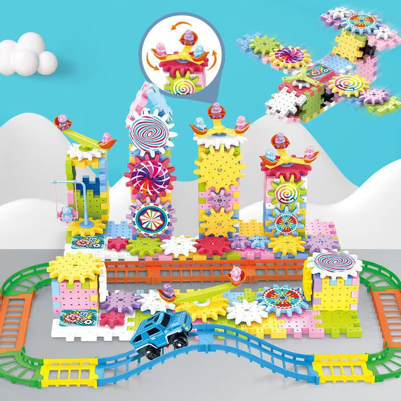 Variety electric building block gear large particle soft rubber macaron gift box children decompression assembly puzzle toy