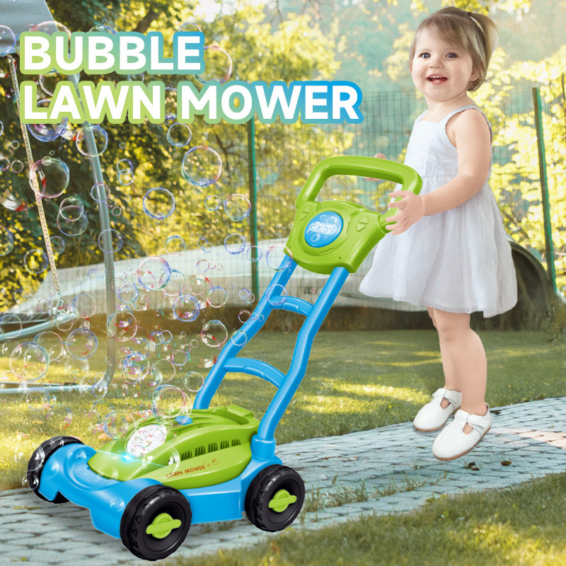 Cross-border Amazon hand-pushed lawn mowing bubble cart Children's automatic bubble blowing light Outdoor cart Bubble machine