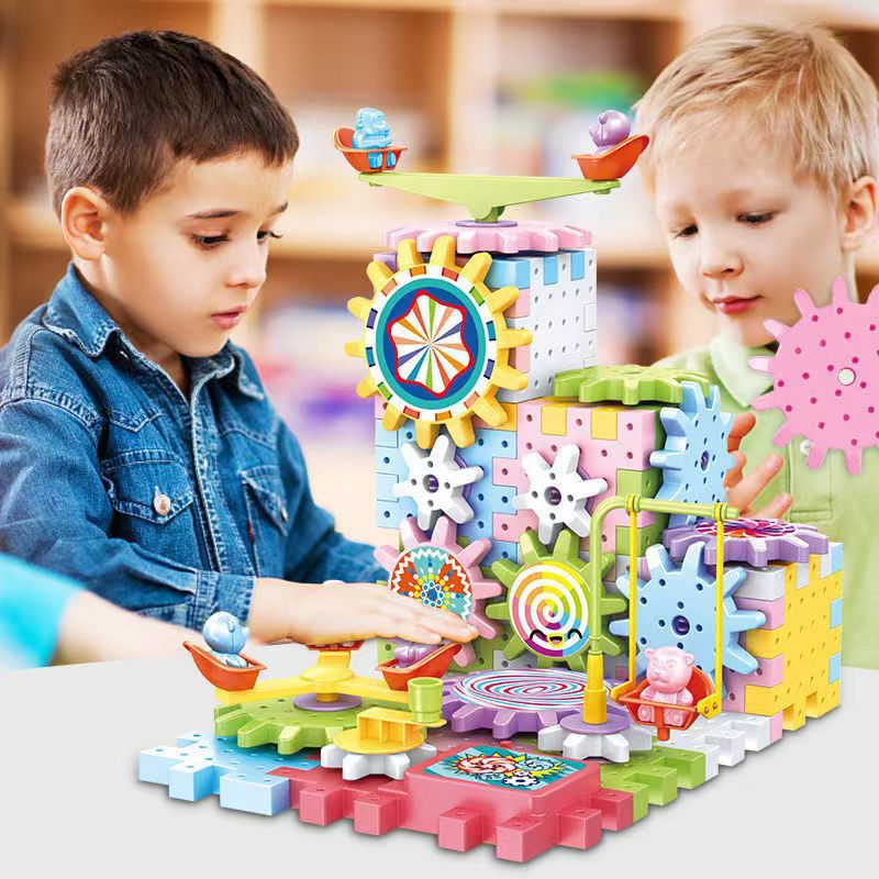 Variety electric building block gear large particle soft rubber macaron gift box children decompression assembly puzzle toy