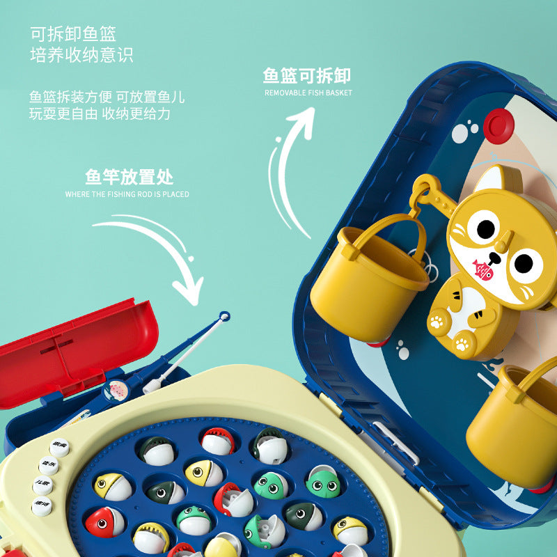 Children's electric rotating magnetic fishing toy multi-functional early education story backpack fishing platform weighing balance toy