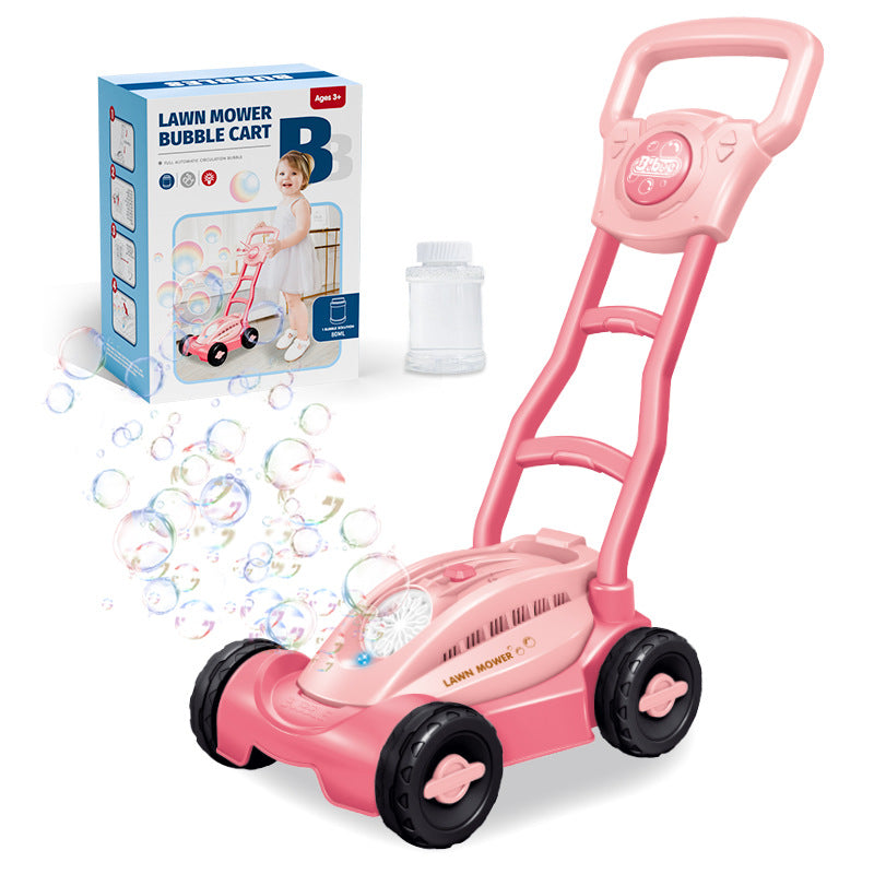 Cross-border Amazon hand-pushed lawn mowing bubble cart Children's automatic bubble blowing light Outdoor cart Bubble machine
