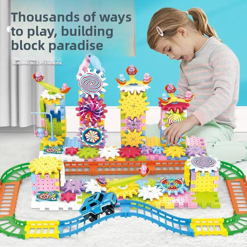 Variety electric building block gear large particle soft rubber macaron gift box children decompression assembly puzzle toy