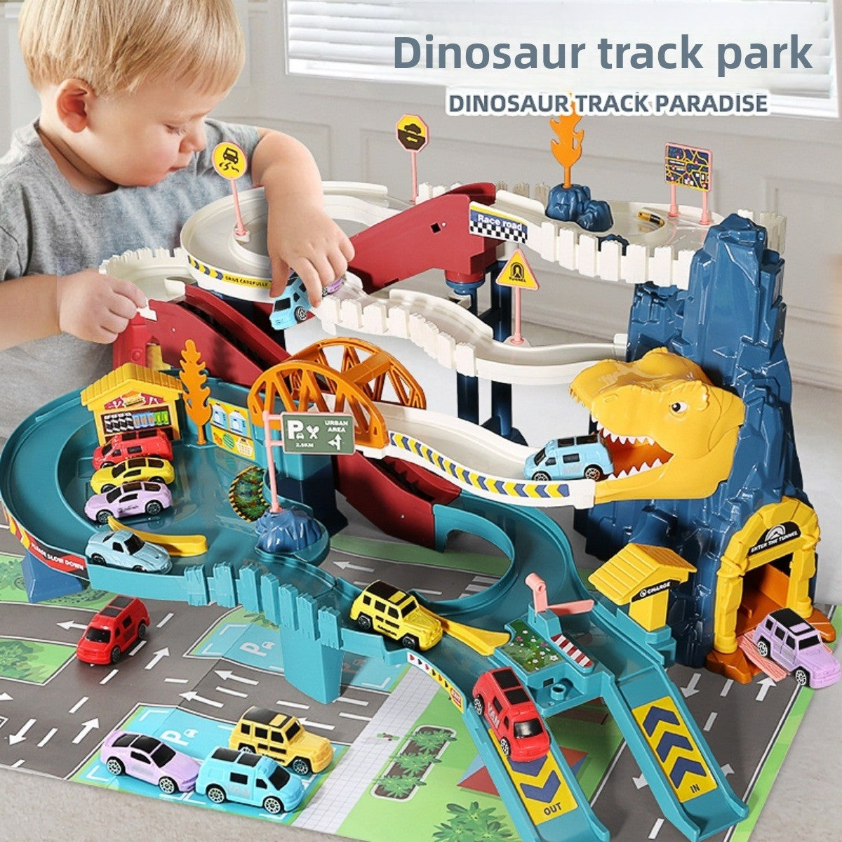 Dinosaur Mountain Road Rail Car Children's Car Building Parking Lot Douyin Adventure Boy Toys 34