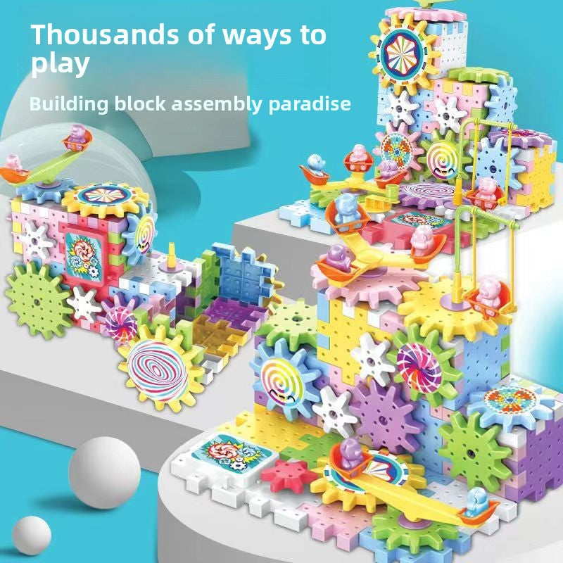 Variety electric building block gear large particle soft rubber macaron gift box children decompression assembly puzzle toy